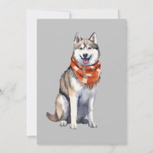 Watercolor Cute Siberian Husky Dog Holiday Card
