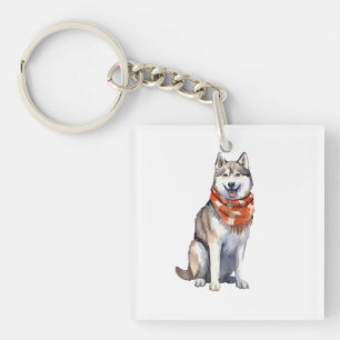 Watercolor Cute Siberian Husky Dog Key Ring