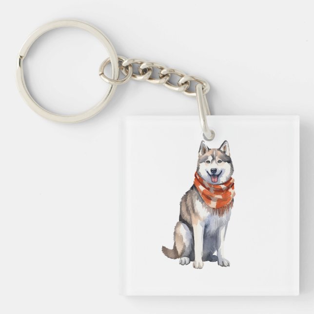 Watercolor Cute Siberian Husky Dog Key Ring (Front)