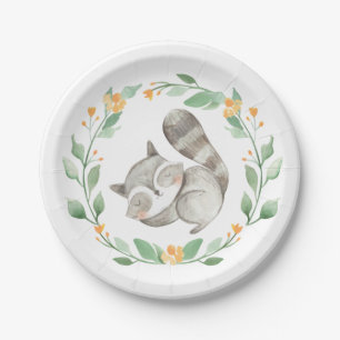 Watercolor Cute Sleeping Racoon Wreath Paper Plate