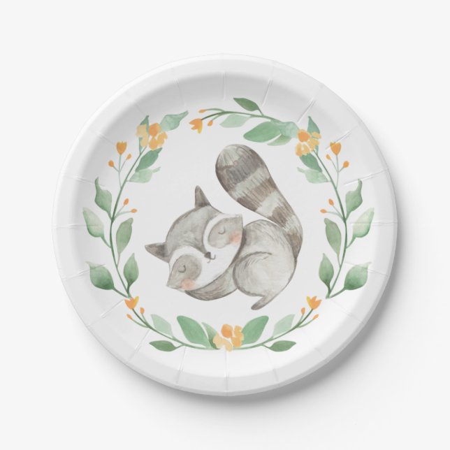 Watercolor Cute Sleeping Racoon Wreath Paper Plate (Front)