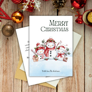 Watercolor Cute Snowman Family Merry Christmas  Holiday Card