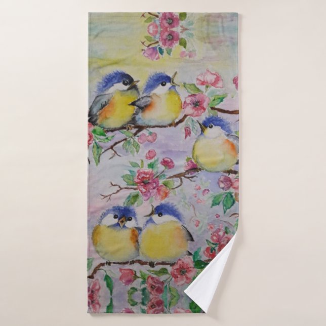 Watercolor - Cute Sparrows Bath Towel Set (Bath Towel)