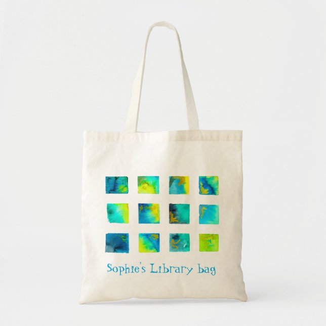 Watercolor cute squares blue library name tote bag (Front)