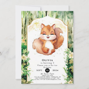 Watercolor Cute Squirrel Birthday Invitation