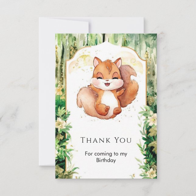 Watercolor Cute Squirrel Birthday Thank You Card (Front)