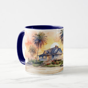 Watercolor Cute Sunset Beach and Cottage Mug