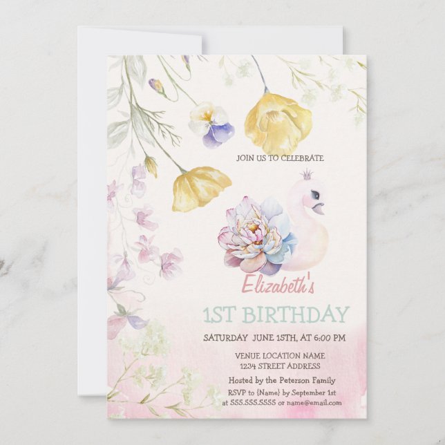 Watercolor Cute Swan Wildflowers Birthday  Invitation (Front)