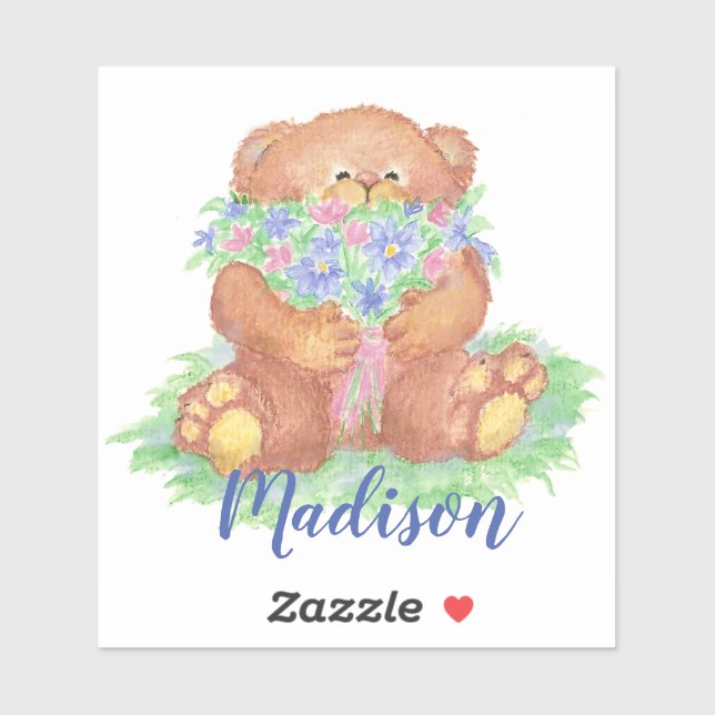 Watercolor Cute Teddy Bear Flowers art Custom Name (Sheet)