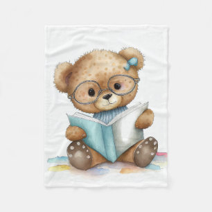 Watercolor Cute Teddy Bear Reading Books Library  Fleece Blanket