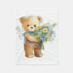 Watercolor Cute Teddy Bear with Bouquet Flowers Fleece Blanket
