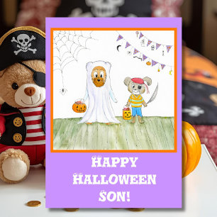 Watercolor Cute Teddy Bears Happy Halloween Son Card