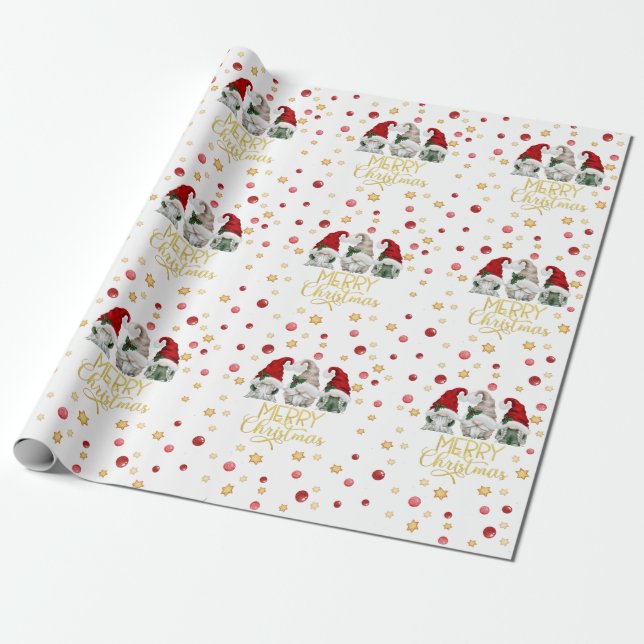 Watercolor Cute Three Gnomes Merry Christmas    Wrapping Paper (Unrolled)
