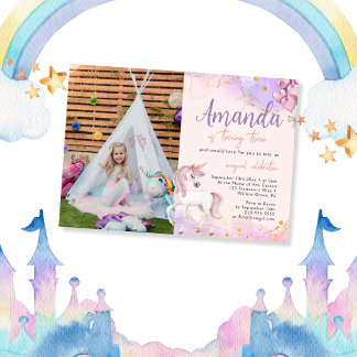 Watercolor Cute Unicorn Glitter Photo Birthday Invitation
