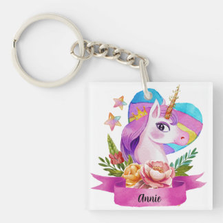 Watercolor Cute Unicorn Heart Custom Name Key Ring