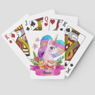 Watercolor Cute Unicorn Heart Custom Name Playing Cards