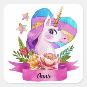Watercolor Cute Unicorn Heart Custom Name Square Sticker