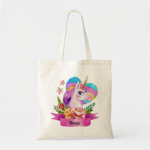 Watercolor Cute Unicorn Heart Custom Name Tote Bag