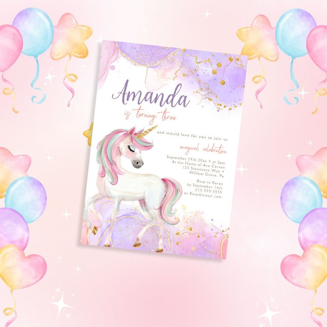 Watercolor Cute Unicorn Purple Birthday Invitation (Creator Uploaded)