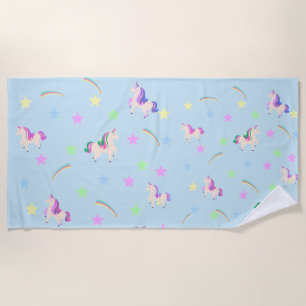 Watercolor cute Unicorn rainbow stars pattern Beach Towel