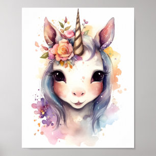 Watercolor Cute Unicorn With Colorful Flowers Poster