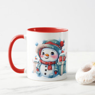 Watercolor Cute Whimsical Snowman with Gift Mug