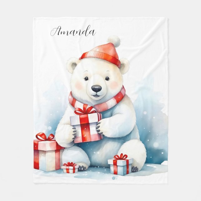 Watercolor Cute White Polar Bear Christmas Fleece Blanket (Front)