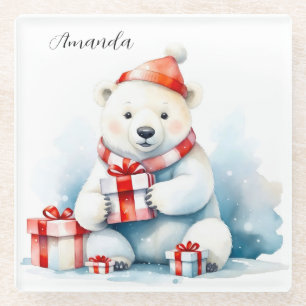 Watercolor Cute White Polar Bear Christmas Glass Coaster