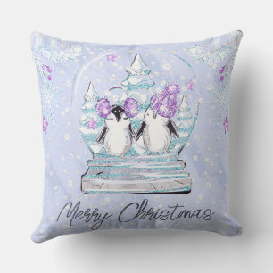 Watercolor Cute Winter Penguin Friends Snow Globe Cushion