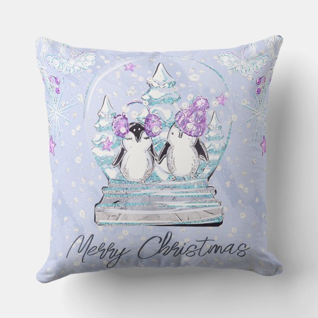 Watercolor Cute Winter Penguin Friends Snow Globe Cushion (Back)