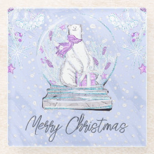 Watercolor Cute Winter Polar Bear Snow Globe Glass Coaster