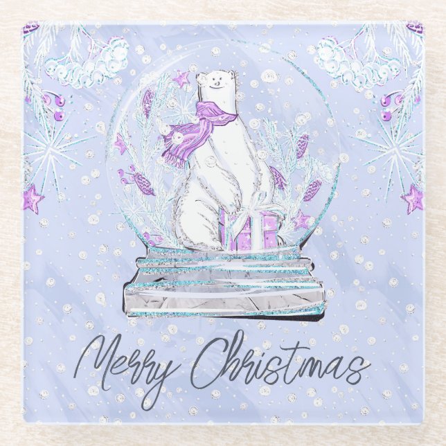 Watercolor Cute Winter Polar Bear Snow Globe Glass Coaster (Front)