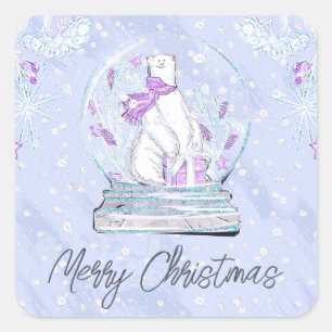 Watercolor Cute Winter Polar Bear Snow Globe Square Sticker