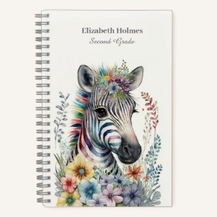 Watercolor Cute Zebra with Flowers Notebook