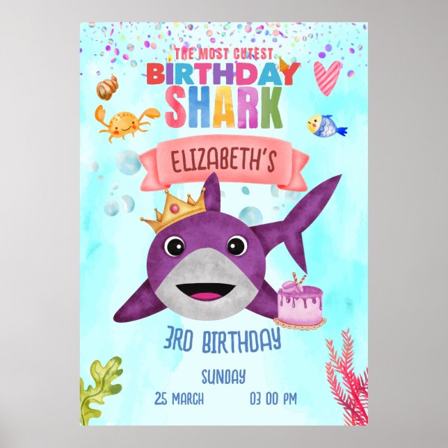 Watercolor Cutest Birthday Shark Birthday Party Poster (Front)