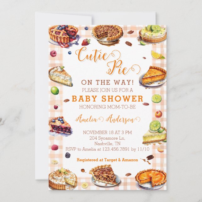 Watercolor Cutie Pie Orange Gingham Baby Shower Invitation (Front)