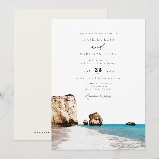 Watercolor Cyprus Aphrodite Beach Ocean Wedding Invitation (Front/Back)