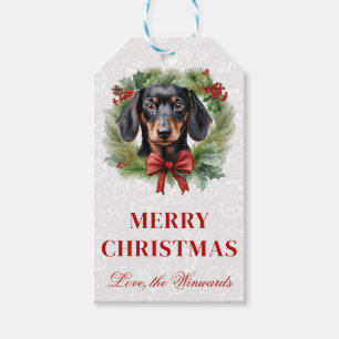 Watercolor Dachshund and Wreath Christmas Gift Tags