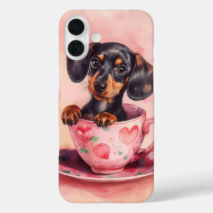 WATERCOLOR DACHSHUND DOG IN VALENTINE TEA CUP iPhone 16 PLUS CASE