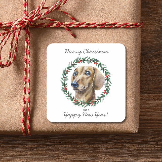 Watercolor Dachshund Dog Merry Christmas Wreath Square Sticker (All text is editable and can be altered (or removed) as required.  See collection for other items)