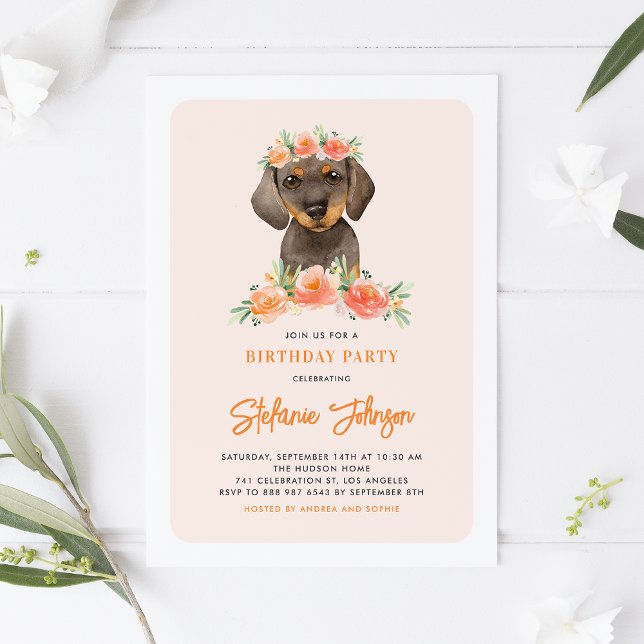 Watercolor Dachshund Peach Florals Dog Birthday Invitation (Creator Uploaded)
