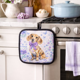 Watercolor Dachshund Purple Floral Pot Holder