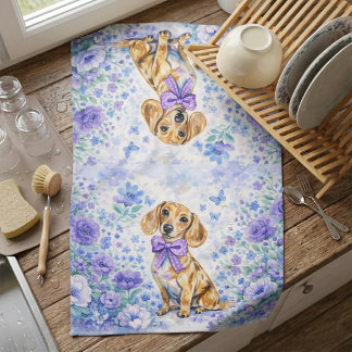Watercolor Dachshund Purple Floral  Tea Towel