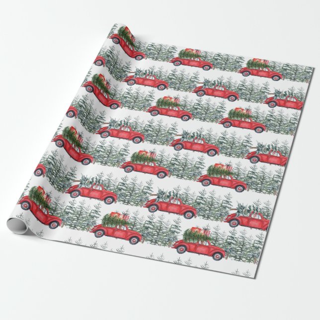 Watercolor Dachshund Red Car Winterforest Pattern Wrapping Paper (Unrolled)