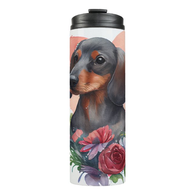 Watercolor Dachshund Surrounded By Colourful Flowe Thermal Tumbler (Front)