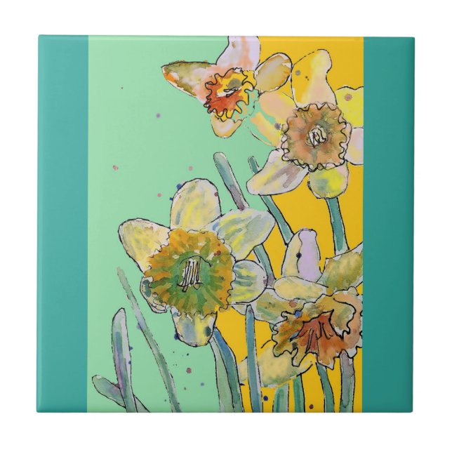 Watercolor Daffodil Flower Floral Aqua Tile (Front)