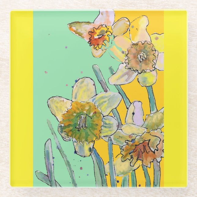 Watercolor Daffodil Flower Floral Aqua Yellow Glass Coaster (Front)