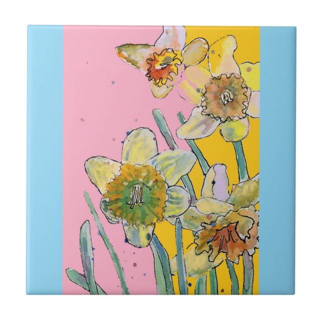 Watercolor Daffodil Flower Floral Pink Yellow Blue Tile (Front)