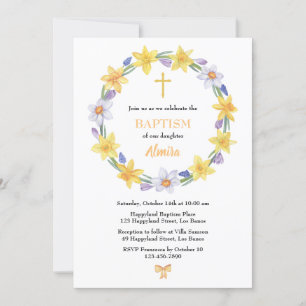 Watercolor Daffodil Wreath Baptism Invitation