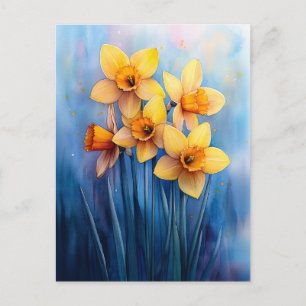 Watercolor Daffodils Blue Background Postcard